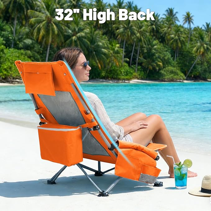 Youtanic High Back Beach Camping Chair 2 Pack, Extra Wide Folding Outdoor Chair with Cooler Bag, Breathable Mesh & Dual-Use Pillow, Portable Lounge Seat for Adults, Sand, Sports, Picnic, Orange