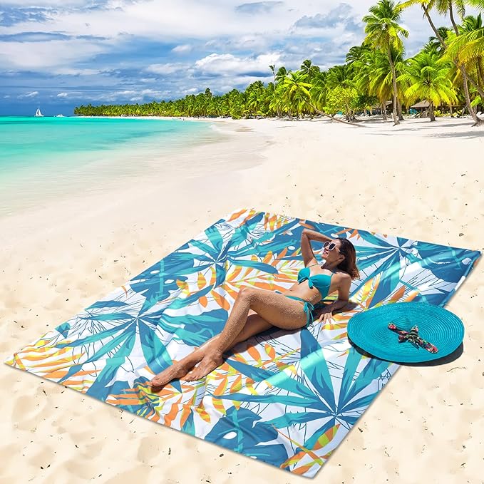 HIHOHO Beach Blanket Waterproof Sandproof Beach Mat for 1-8 Adults Quick Drying Durable Outdoor Picnic Mat for Beach Festival Travel Camping Hiking (W&GN&Y-Palm, 79"×83"(4 Person))