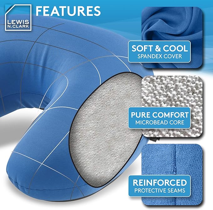 Lewis N. Clark Mood Neck Pillow, Microbead Pillows, Airplane Pillow and Cervical Neck Pillow for Kids + Adults, Travel Pillow with Neck Support, Blue