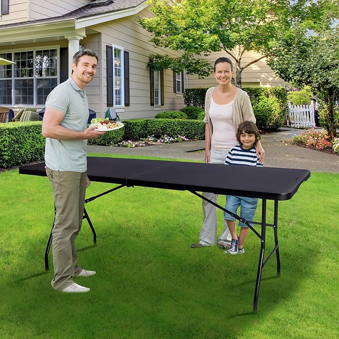 Byliable Folding Table 6ft Portable Heavy Duty Plastic Fold-in-Half 6 Foot Foldable Table Utility Dining Indoor Outdoor for Camping Picnic and Party, Black