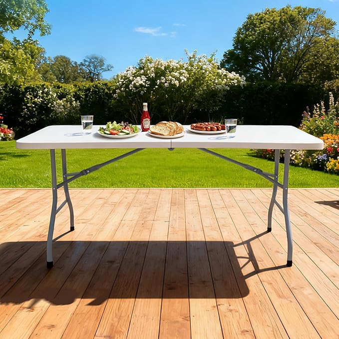 Lakhow Folding Table 6ft Heavy Duty Portable Table Indoor Outdoor with Parties, Camping & BBQs, Folds in Half for Easy Storage, No Assembly Required, White