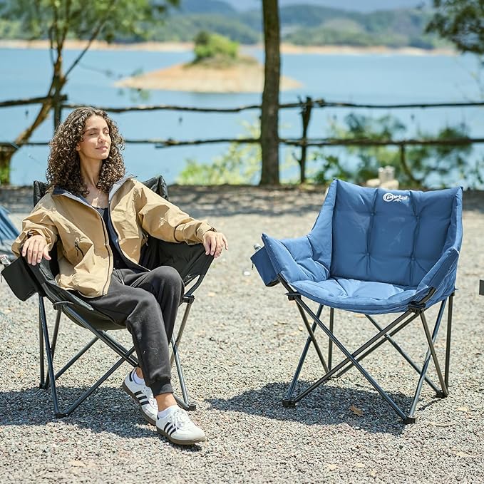 Portal Oversized Padded Camping Chair - Heavy Duty Folding Chair with Cup Holder & Side Pocket, Supports 350 lbs, for Camping, Lawn, Sports, Blue