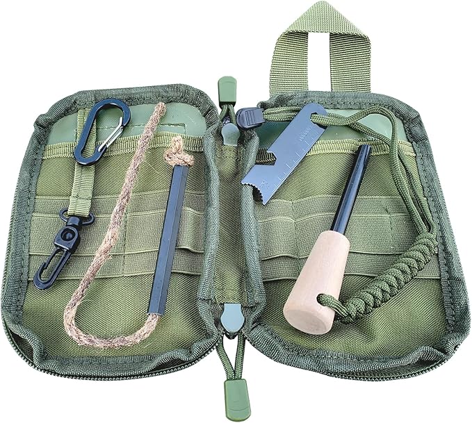 Fire Starter Survival Kit, Larger Ferro Rod with Striker Lanyard 3in Long Flint and Steel, 13.8in Wick Hemp Cord, Multifunctional Bag