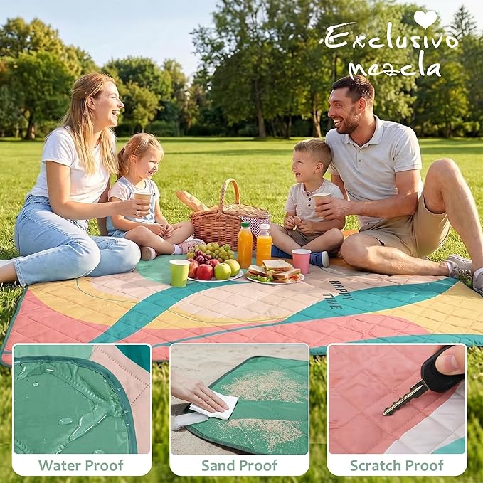 Exclusivo Mezcla Waterproof Picnic Blankets 60x80 Inch, 3 Layer Extra Large, Sandproof and Foldable Outdoor Blanket for Beach Camping, Park and Travel