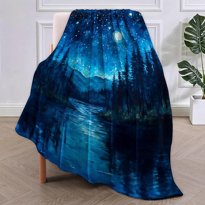 Starry Night Forest Flannel Blanket, Starry Night Gifts, Nature-Themed Blanket for Women, Soft Lightweight Throw Blankets for Bed Home Travel Decor 50" x 60"