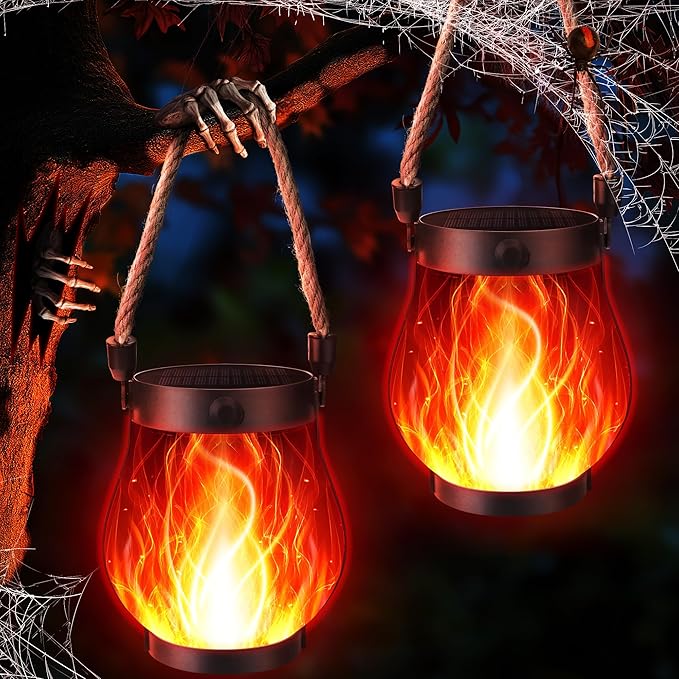 iBaycon 2 Pack Solar Lanterns Lights, Halloween Flickering Flame Garden Lights with 2 Modes Dual Charging USB & Solar, Outdoor Waterproof Hanging Lantern for Party Holiday Halloween Decor (Red)