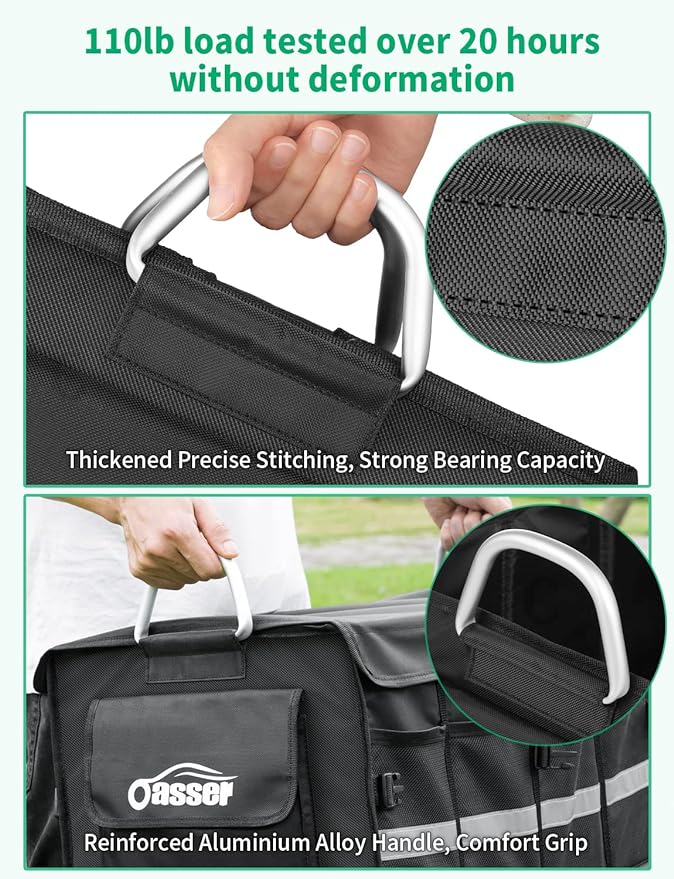 Oasser Trunk Organizer Cargo Organizer Trunk Storage Waterproof Collapsible Durable Multi Compartments with Foldable Hard Cover Aluminium Alloy Handle Reflective Strip (Large, Black)