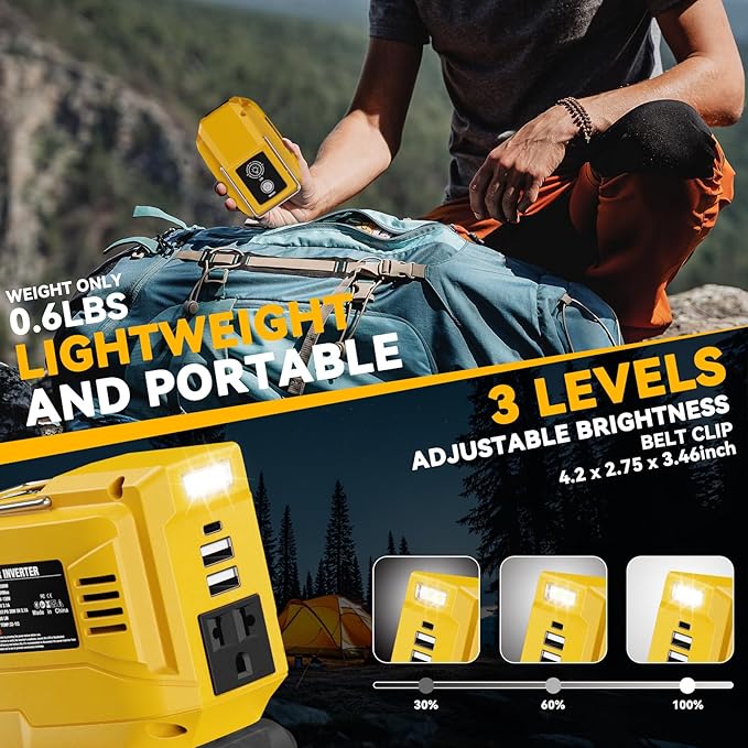 VAXCANZE 200W Power Inverter for Dewalt, DC 20V to AC 110V Inverter, Portable Power Station with 2 USB Ports & 1 AC Outlet & 1 Type-C Fast Charging, Battery Adapter with LED, Battery Not Included