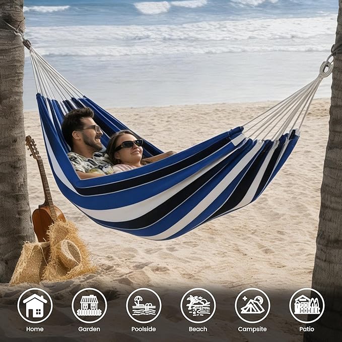 Lazy Daze Hammocks Double Brazilian Cotton Hammock, Extra Large Portable Outdoor Camping Hammock with Tree Straps & Travel Bag for Backyard Patio Poolside Indoor, 550lbs Capacity, Blue