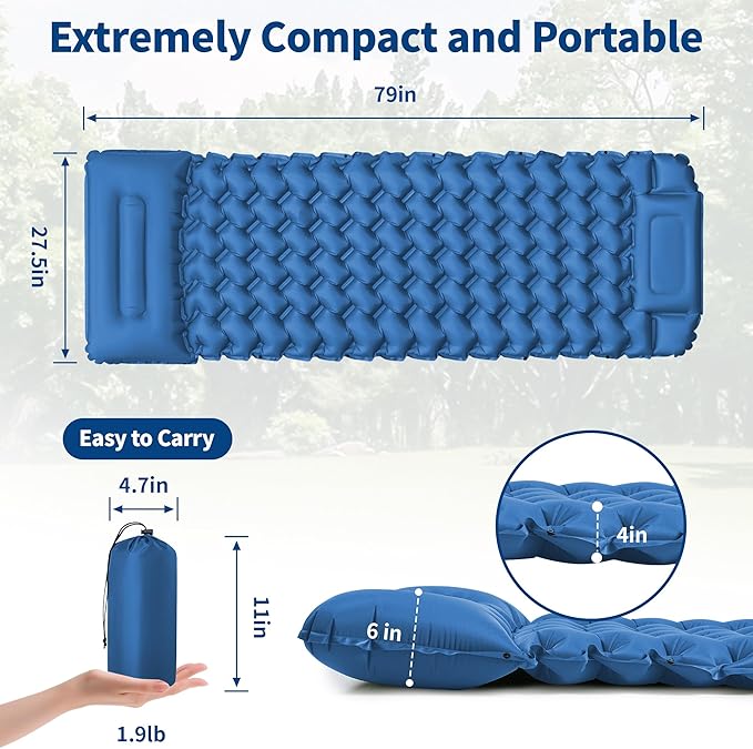 Sleeping Pad for Camping - 4” Thick Inflatable Camping Mat with Built-in Pump & Pillow, Ultralight Self Inflating Camping pad, Backpacking Sleeping Mat for Hiking, Tent, Traveling