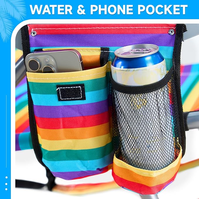 Portable Beach Chair for Adults, Outdoor Camping Chair Lay Flat Folding Backpack Beach Reclining Chair with 5 Positions, Headrest, Cup Holder, Heavy Rainbow Striped