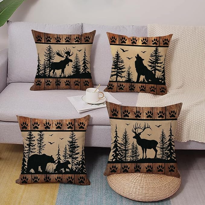 Wildlife Cabin Decorative Throw Pillow Covers 20 x 20 Set of 4, Vintage Forest Animals Reindeer Wolf Bear Porch Outdoor Home Decor, Retro Farmhouse Woodland Pine Tree Sofa Couch Cushion Case