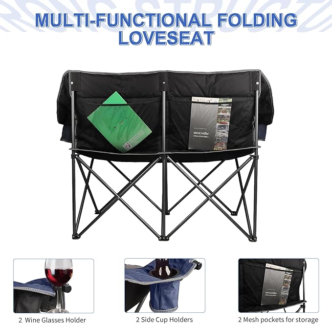 Oversized Double Camping Chair-Heavy Duty 2 Person Folding Loveseat Camp Couch for Adults,Portable Outdoor Lawn Chairs with Padded Seat for Fishing,Sports and Patio,Supports 500 LBS,Blue