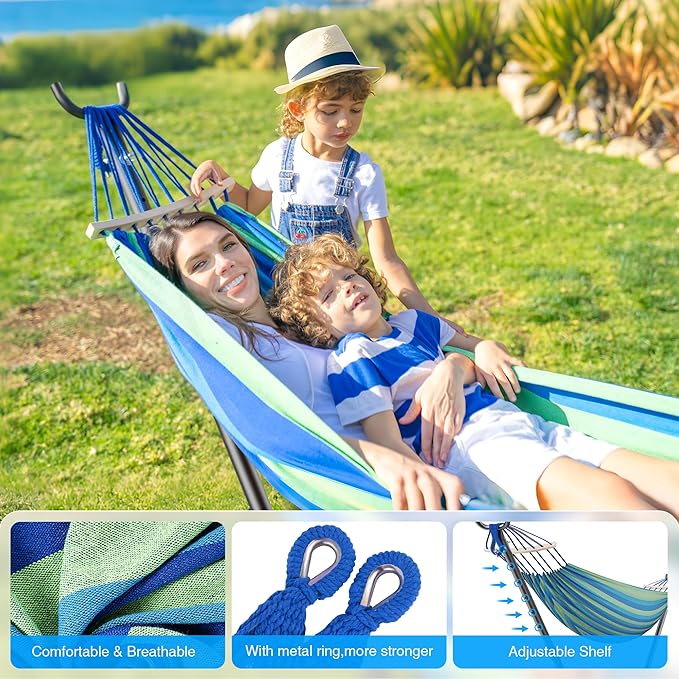 ANAGOO Double Hammock, Heavy Duty Portable, 500 lb Weight Capacity, Perfect for Both Indoors and Outdoors, 2 Person Hammock with Carrying Bag, Wide Blue