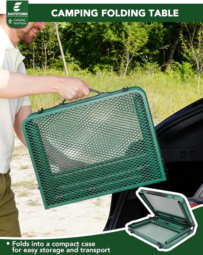 Small 2ft Folding Table with Carry Handle, Adjustable Height 10.6" or 22", Green Metal Mesh, Portable & Compact Indoor/Apartment/Card/Side/Grill Table, 23.6"Lx15.8"W, Lightweight 4 lb, 66 lb Capacity