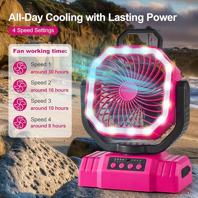 Odoland Portable Camping Fan with LED Lantern, 20000mAh Rechargeable Battery Powered Fan with Auto Oscillation, Timer, Remote, 360° Rotation Hook, 4 Speeds for Power Outage Travel Home,Pink