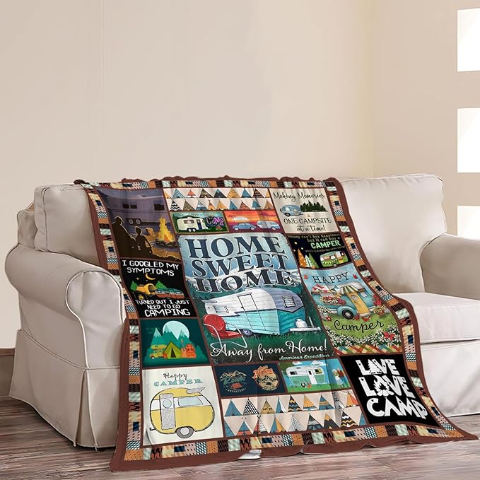 Camping Blanket Soft Warm Plush Throw Blanket Happy Camper RV Gifts for Camper Lover Cozy Lightweight Flannel Fleece Bedding Stuff Decor Blanket for Girls Kids Adults Women 50"x60"