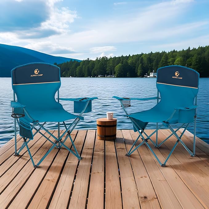 ALPHA CAMP Camping Chairs 350LBS Capacity, Heavy Duty Folding Chair with 4-Can Cooler Bag, Portable Outdoor Chair with Cup Holder for Adults, Collapsible for Tailgating, Beach, Fishing,Black,2PC