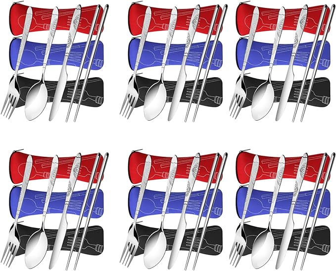 Arroyner 6 Pack Reusable Flatware Sets Knife, Fork, Spoon, Chopsticks, 24Pcs Portable Travel Stainless Steel Tableware Dinnerware with Carrying Case