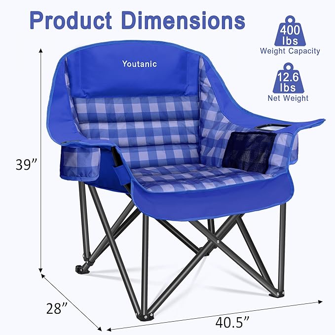 Youtanic Padded Camping Chairs for Adults, Heavy Duty 400 lbs Foldable Lawn Chair, Oversized Ergonomic Outdoor Seat with Plaid Design, Cup Holders & Storage Pockets for Fishing, Sports, Blue