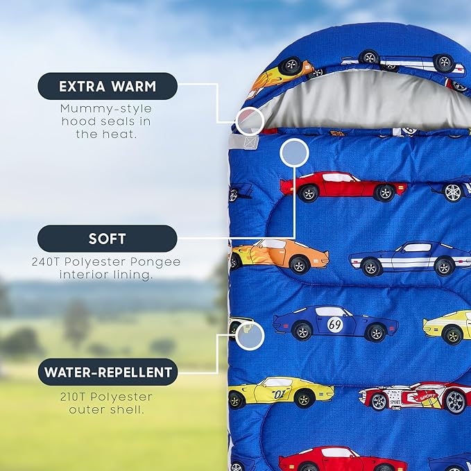 Wake In Cloud - Kids Sleeping Bag for Boys Toddlers, Camping in Warm Cold Weather, Backpacking Lightweight Compact Outdoor Liner for 3 Seasons, Race Cars Vehicles