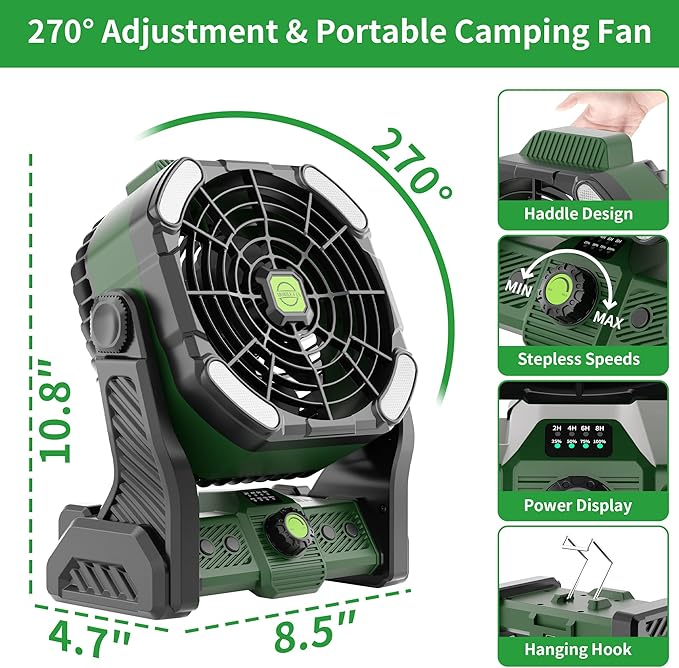 20000mAh Portable Camping Fan Rechargeable Portable fans for Travel Battery Powered Fan with LED Lantern,270° Rotation,USB Desk Battery Rechargeable Tent for camping essentials with Hook