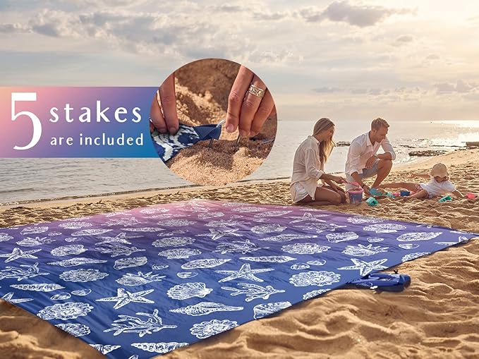 WEKAPO Beach Blanket Waterproof Sandproof Oversized, Extra Large Beach Mat Sand Free, Lightweight & Compact Sand Free Mat with 5 Stakes & 4 Corner Pockets