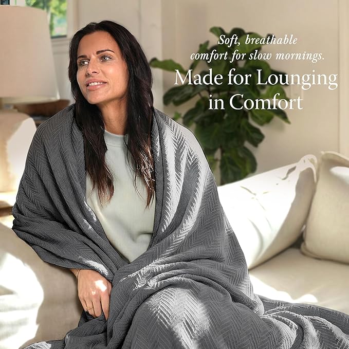Threadmill Luxury Cotton Blankets for Queen Size Bed | All-Season 100% Cotton Queen Size Blanket | Herringbone Cozy, Soft Breathable Fall Thermal Blanket fits Full Size Bed | Dark Grey
