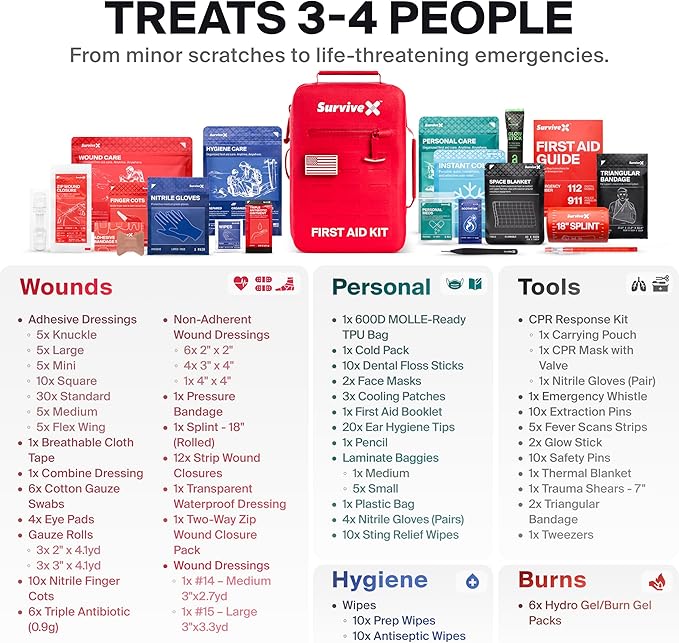 SurviveX Large Waterproof First Aid Kit for Car, Travel & Home - Emergency Kit for Hiking, Camping, Backpacking and Outdoors - Includes Zip Stitch Wound Closure Strips