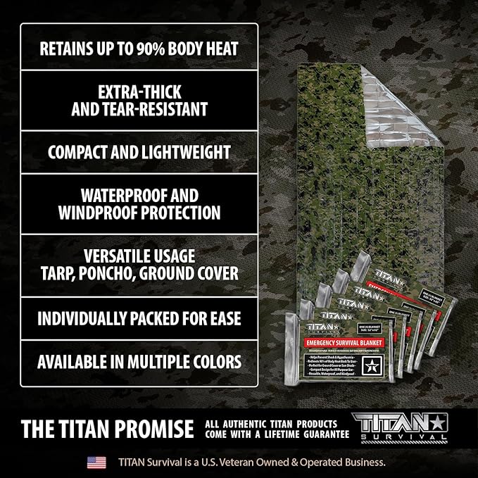TITAN Survival Premium Mylar Survival Blankets (5 Pack) Thermal Emergency Survival Blanket for Camping, Hunting, Hiking - 90% Heat Retention & Waterproof - Portable Space Blanket w/Size Options