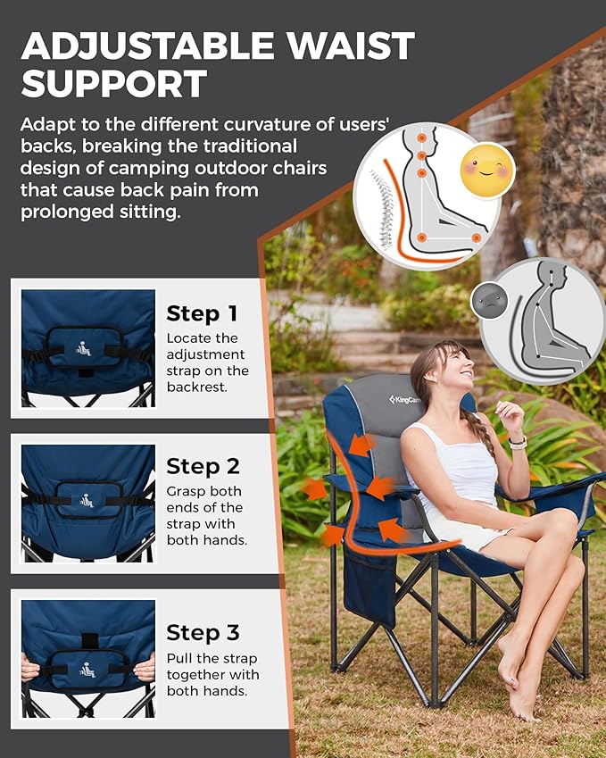 KingCamp Oversized Camping Chair with Adjustable Lumbar Support, 550lbs Heavy Duty Padded Folding Lawn Chair for Adults, Outdoor Armchair with Cooler Bag, Cup Holder & Side Pocket for Fishing, Travel