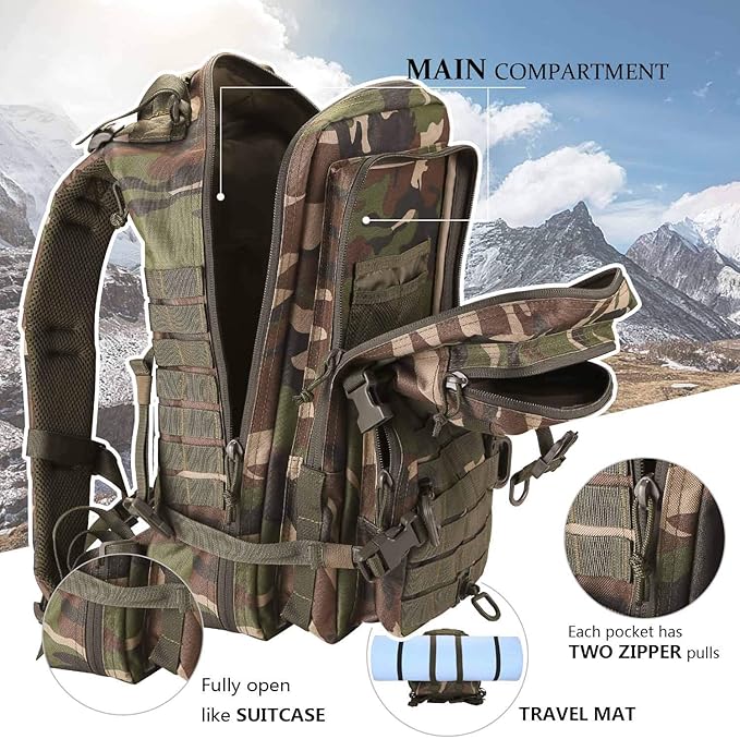 Hannibal Tactical MOLLE Assault Backpack, Tactical Backpack Military Army Camping Rucksack, 3-Day Pack Trip w/Patch, D-Rings, Woodland