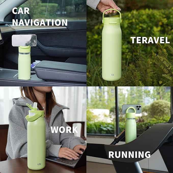 LISI 40oz Insulated Water Bottle, Double Wall Stainless Steel Water Bottles with Straw, 100% Leak-Proof Travel Thermal Canteen Mug with 2 Lids (Straw, Phone Holder Lid)