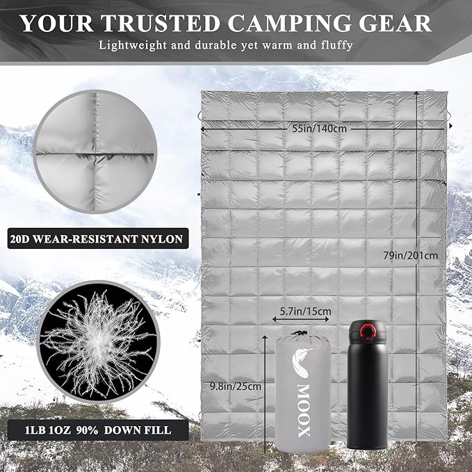 MOOX Down Camping Blanket - Packable Down Camping Quilt Backpacking Lightweight Waterproof Outdoor Hiking Stadium Warm Puffy Sleeping Bag 55"x79" Water Resistant Camp Travel Blanket, Gray Blue
