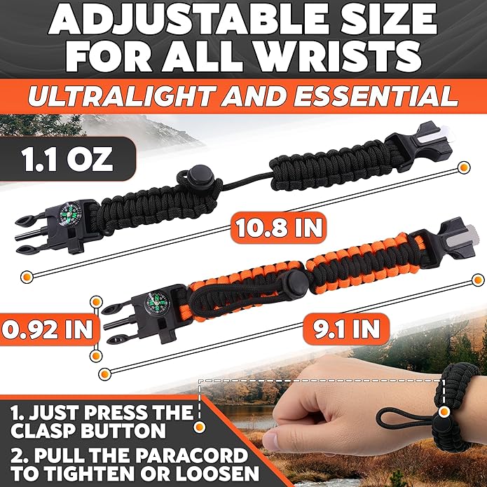 Paracord Bracelets for Men and Women – Adjustable Survival Paracord Bracelet with 10 ft Nylon Survival Cord, Flint Fire Starter, Compass, Whistle & Scraper – Gear for Camping, Hiking, Fishing & Travel