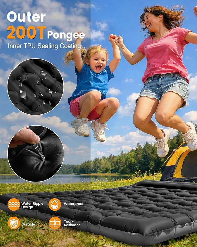 Double Sleeping Pad for Camping, 5.9 Inch Thick Self Inflating Sleeping Mat for Camping with Built in Pillow and Foot Pump, 2 Person Camping Mattress for Backpacking Hiking