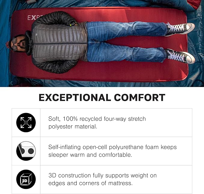 Exped MegaMat Max Duo Long Wide Plus - Self Inflating Plush Sleeping Mat, 6” Foam Pad, Pump Included