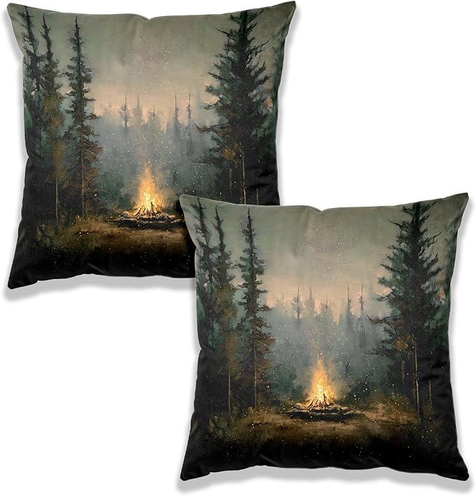 Vintage Forest Campfire Pillow Covers 18x18 Set of 2, Moody Pine Tree Camping Decor, Rustic Woodland Campsite Decorative Throw Pillow Covers for Home Bedroom Living Room,Camper Lover Gifts