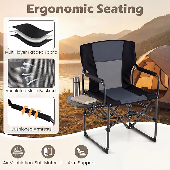 GYMAX Oversized Camping Directors Chair, Portable Folding Camping Chairs for Adults with Table, Heavy-Duty Lawn Chair for Fishing, Picnic, Sports, Beach, Outdoor, Supports 500LBS (Grey)