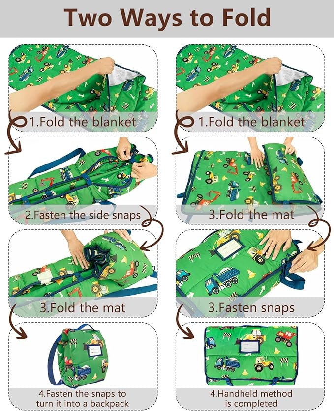 Primlect Toddler Nap Mat with Removable Pillow and Flannel Blanket, Portable Sleep Bag for Kids, Easy to Roll up, Washable, Perfect for Daycare, Preschool, Boys and Girls, 3-6 Years