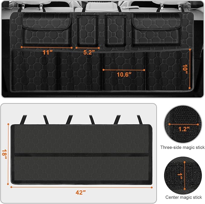 Car Trunk Organizer, Super Capacity Backseat Car Organizer for SUV/Truck/MPV(42"*18"), Hanging Car Storage Organizer with 8 Pocekts, Car Accessories for Women and Men- Black