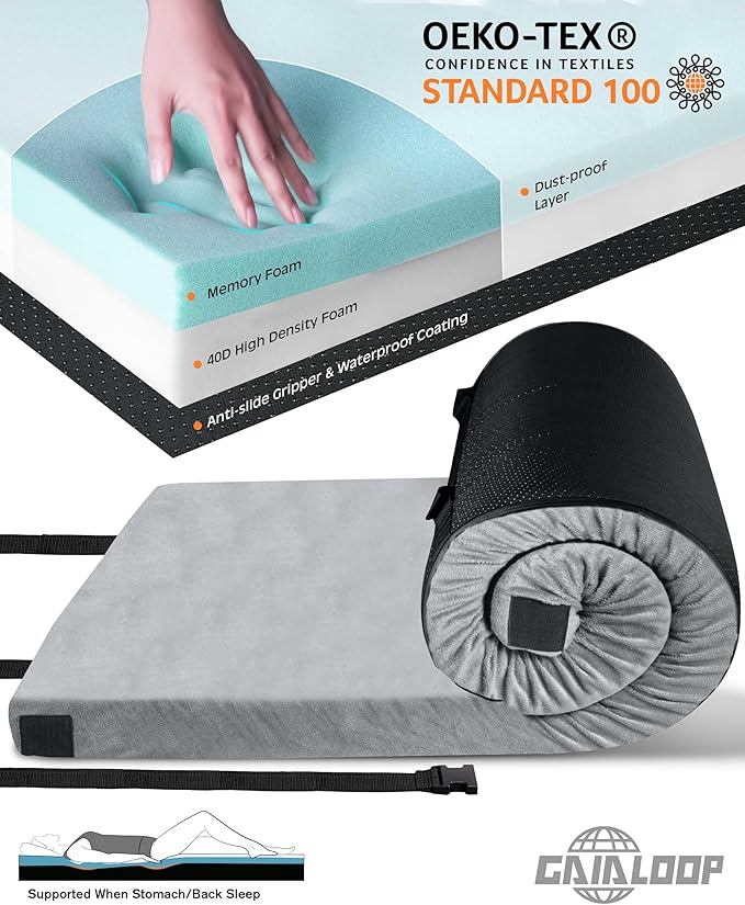 GAIALOOP 3 Inch Memory Foam Camping Mattress, Dual Layer Thick Sleeping Camp Pad for Car Tent Cot, Roll-Up Portable Glamping Floor Bed for Guests Sleepover