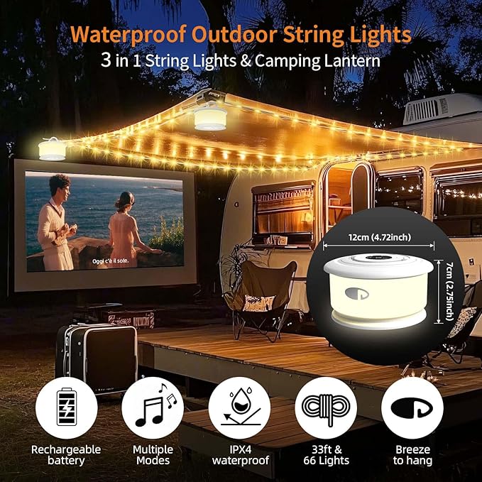 TOHETO Camping String Lights, 3 in 1 Upgraded Retractable RGB Outdoor String Lights with 19 Lighting Modes, Quick 30s Recovery, 32.8 FT Portable Tent Lights, Rechargeable Camping Lantern (White)