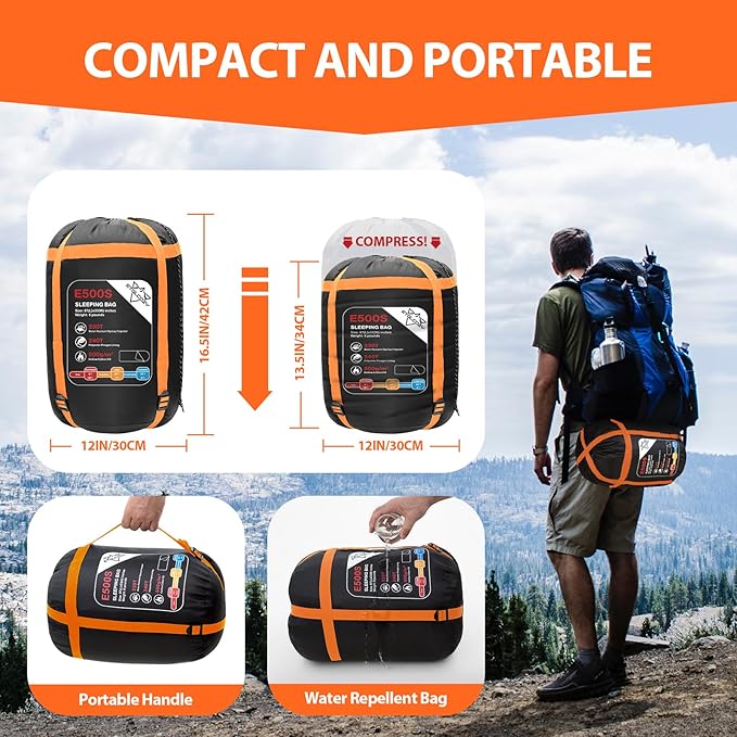 Lightweight 3-Season Sleeping Bag for Adults/Kids Camping, Compact w/Compression Sack, Waterproof Ripstop, Portable for Backpacking Hiking Travel
