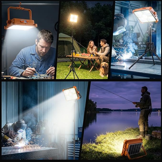 Rechargeable Camping Light with Tripod Stand, 12000mAh Solar Work Light Portable, Cordless LED Job Light 12000LM with 5 Mode, Waterproof Camping Essentials Gear Car Repair Emergency Lighting with Hook