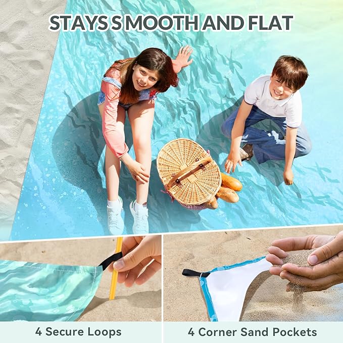 Beach Blanket, Waterproof Sandproof Beach Mat with Stakes and Inflatable Camping Pillow, 79" X 83" Quick Drying Lightweight & Durable Outdoor Picnic Mat with 4 Corner Pockets for Beach Camping