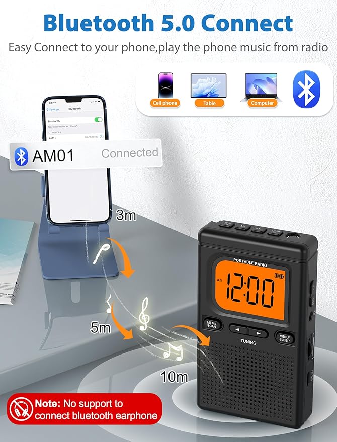2000mAh Rechargeable AM FM Radio with Bluetooth Portable Transistor Pocket Radio with Best Reception Digital Tuning, Flashlight,LCD Screen,Earphone Jack, Sleep Timer and Alarm Clock for Jogging
