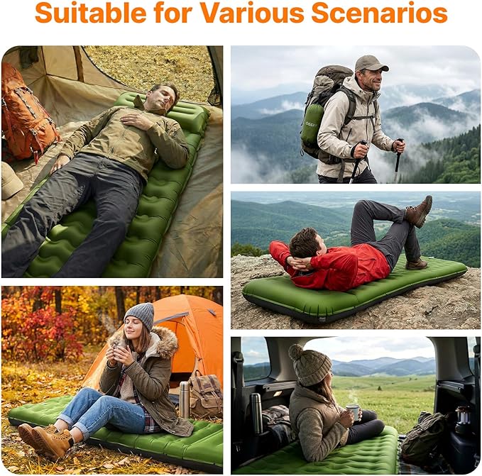 OGERY Sleeping Pad, Ultralight Inflating Sleeping Pad for Camping with Pillow Built-in Foot Pump, 6" Extra-Thick Reinforced Camping Pad for Hiking, Backpacking, Tent, Single,Green