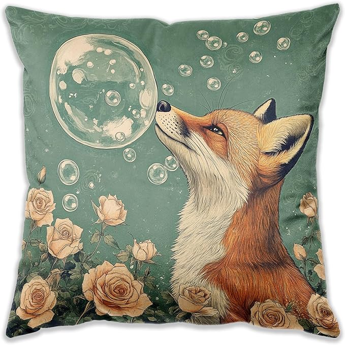 Fantasy Bubble Fox Pillow Cover 18x18, Fox Decor for Home, Boho Whimsical Forest Animal Rose Floral Decorative Throw Pillow Cover for Home Bedroom Living Room Sofa Couch