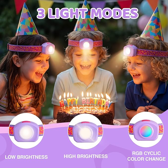 EverBrite LED Headlamp Rechargeable Kids Headlamp with RGB Mode and Adjustable Headband, 3 Modes Multicolor Headlamp for Camping, Reading, Exploring, Halloween, Christmas-2 Pack